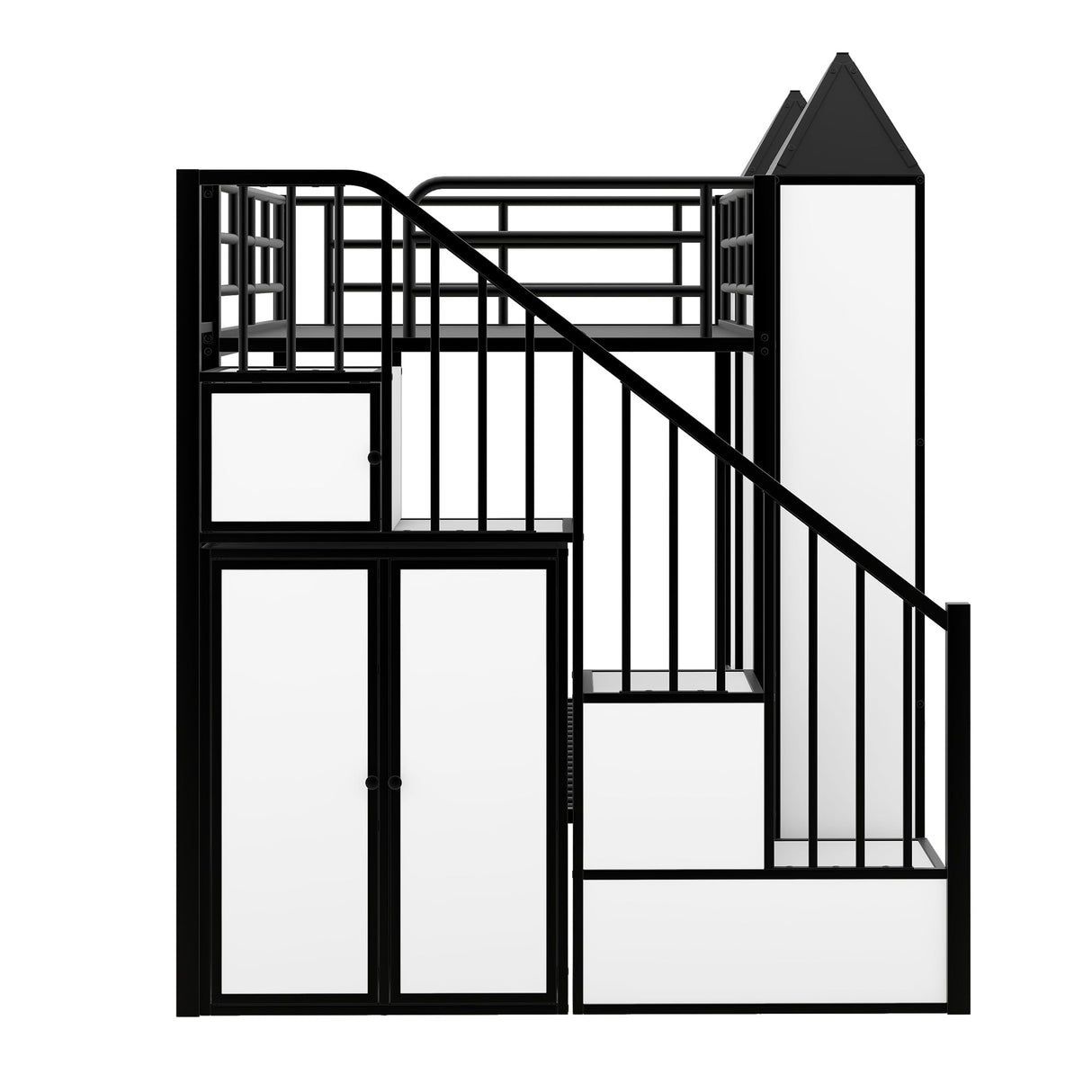 Harper & Bright Designs Twin Over Twin Metal Bunk Bed with Stairs and Storage Wardrobe, Castle-Shaped Bunk Bed Heavy-Duty Steel Frame, Noise Free,for Kids Teens Adults, Black+White Harper & Bright Designs