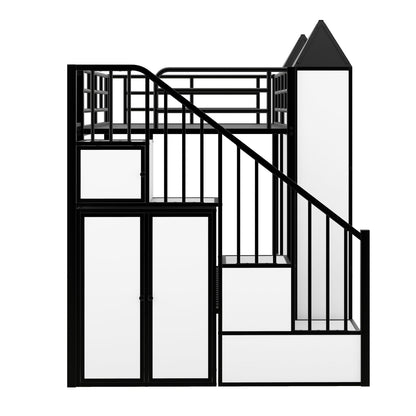 Harper & Bright Designs Twin Over Twin Metal Bunk Bed with Stairs and Storage Wardrobe, Castle-Shaped Bunk Bed Heavy-Duty Steel Frame, Noise Free,for Kids Teens Adults, Black+White