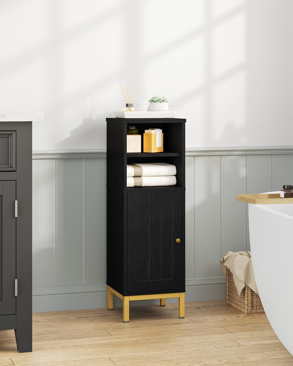 Hzuaneri Bathroom Storage Cabinet, Corner Floor Cabinet with Shelves, Customized Door Opening Direction, Bathroom Organizer with Adjustable Shelf for Kitchen, Living, Toilet Paper Cabinet, Black Hzuaneri