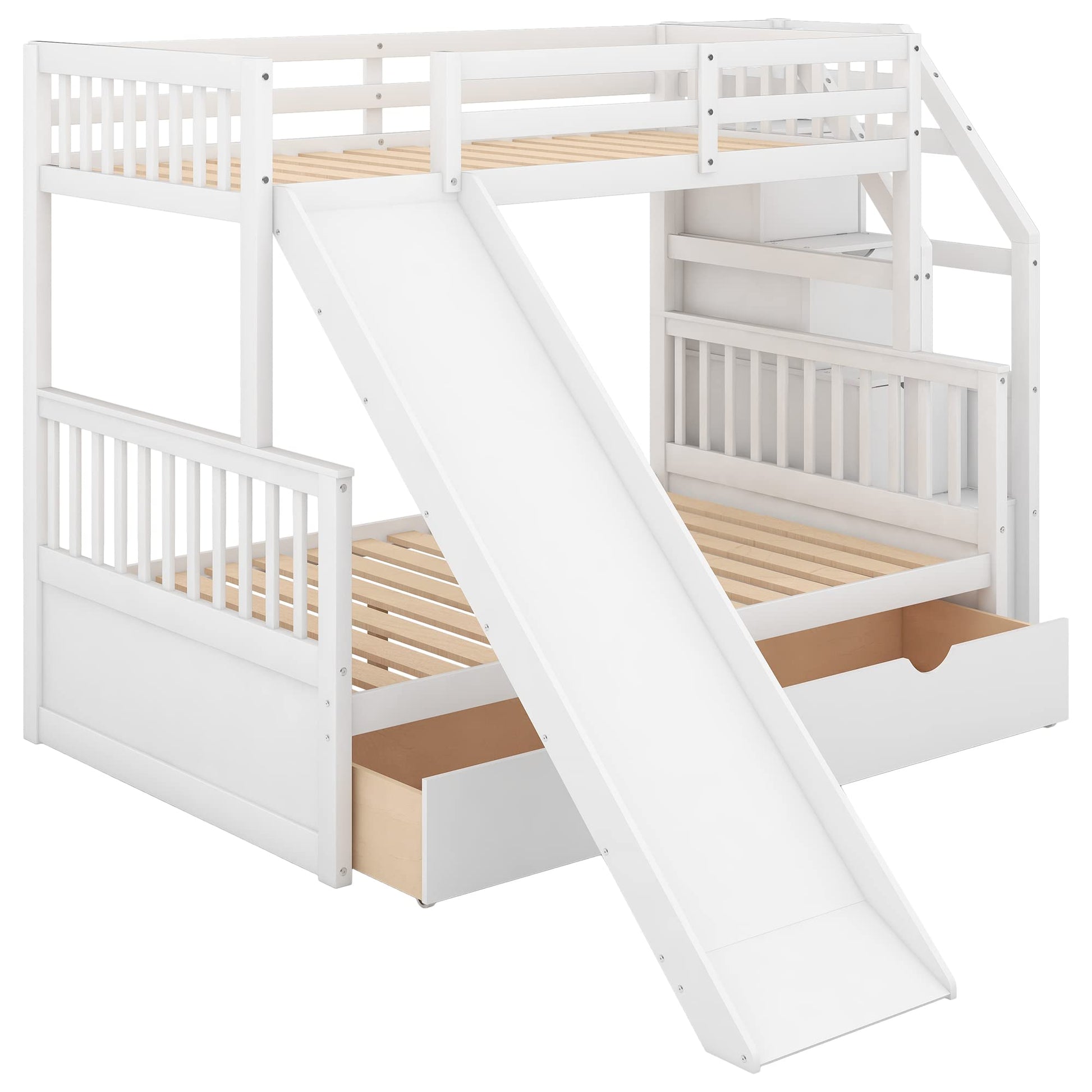 SOFTSEA Twin Over Full Bunk Bed with Storage Stairs, Slide, and Drawers in White - WoodArtSupply