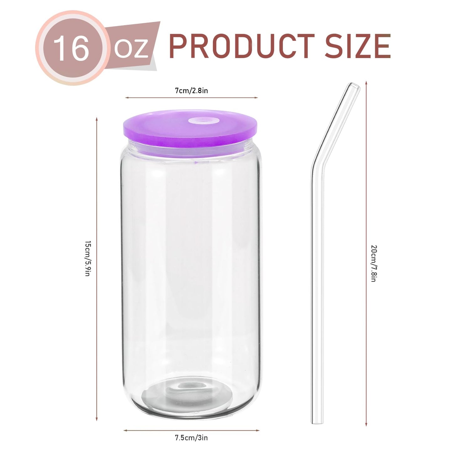 20 Pack Sublimation Glass Cups with Acrylic Lids and Glass Straws 16oz Clear Glass Tumbler Blanks Beer Can Iced Coffee Cups Drinking Glasses, Cute Glass Cups for Tea Soda Smoothie Whiskey DIY Gift