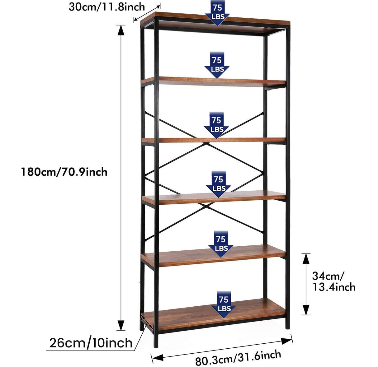 Himimi 6 Tier Industrial Bookshelf, Vintage Standing Storage Shelf, Display Shelving Units, Tall Bookcase, Industrial Metal Book Shelves for Living Room Bedroom and Home Office Himimi