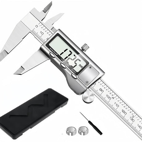 Caliper Measuring Tool, Qfun Vernier Digital Caliper Stainless Steel 6 Inch/150mm, Digital Micrometer Waterproof, Easy Switch from Inch to Millimeter, Large LCD Screen RVOGJP