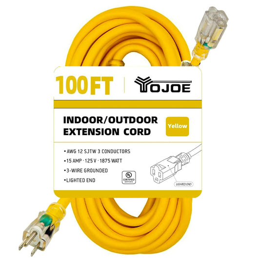 YOJOE Indoor Outdoor Extension Cord with Lighted End, 3 Prong 15A Weatherproof Power Extension Cord, 12 Gauge Heavy Duty 100 ft Yellow Extension Cord for Garage, Garden and Home, 12/3 SJTW UL Listed