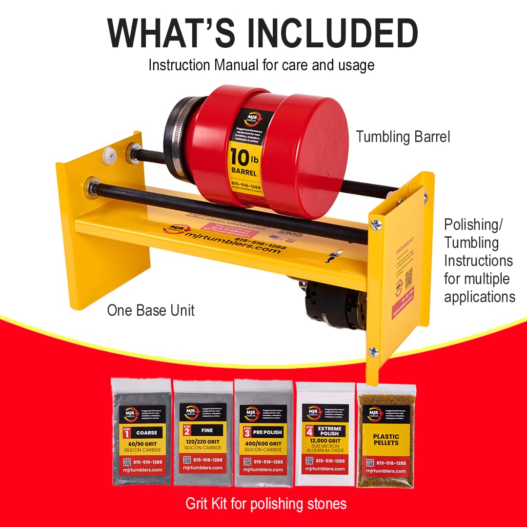 MJR Tumblers Commercial Duty 10lb Rock Tumbler w Free Grit Kit. Capable of Running 4 Different Barrel Sizes and Combinations. Extreme Quality and Durability. A USA Disabled and Veteran Owned Company. MJR Tumblers