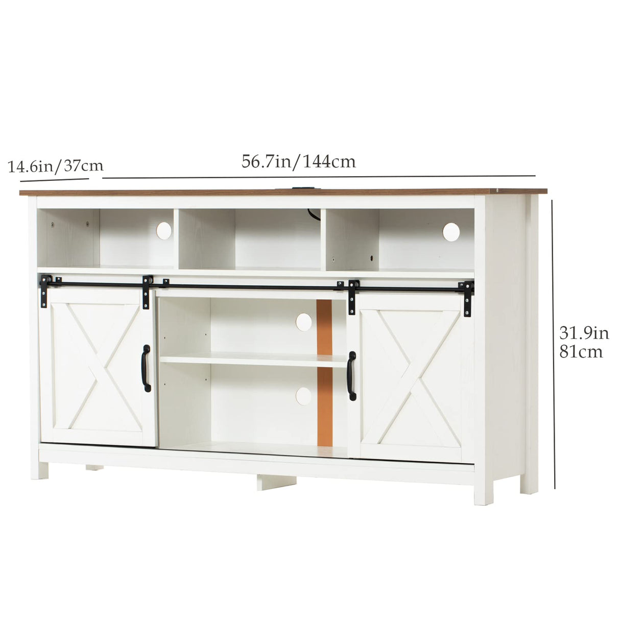 Vinctik 6&Fox 57” Wooden Farmhouse TV Stand for 60/65 inch TV,Double Layer Storage Entertainment Center TV Console Table,w Double-Row Sockets and 2 Sliding Barn Door,Media Cable Box(White) Vinctik 6&Fox