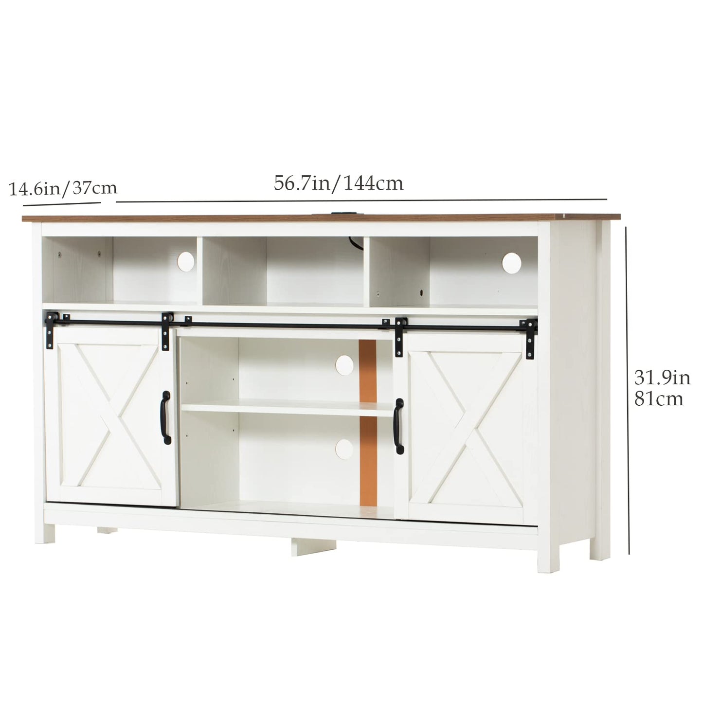 Vinctik 6&Fox 57” Wooden Farmhouse TV Stand for 60/65 inch TV,Double Layer Storage Entertainment Center TV Console Table,w Double-Row Sockets and 2 Sliding Barn Door,Media Cable Box(White) - WoodArtSupply