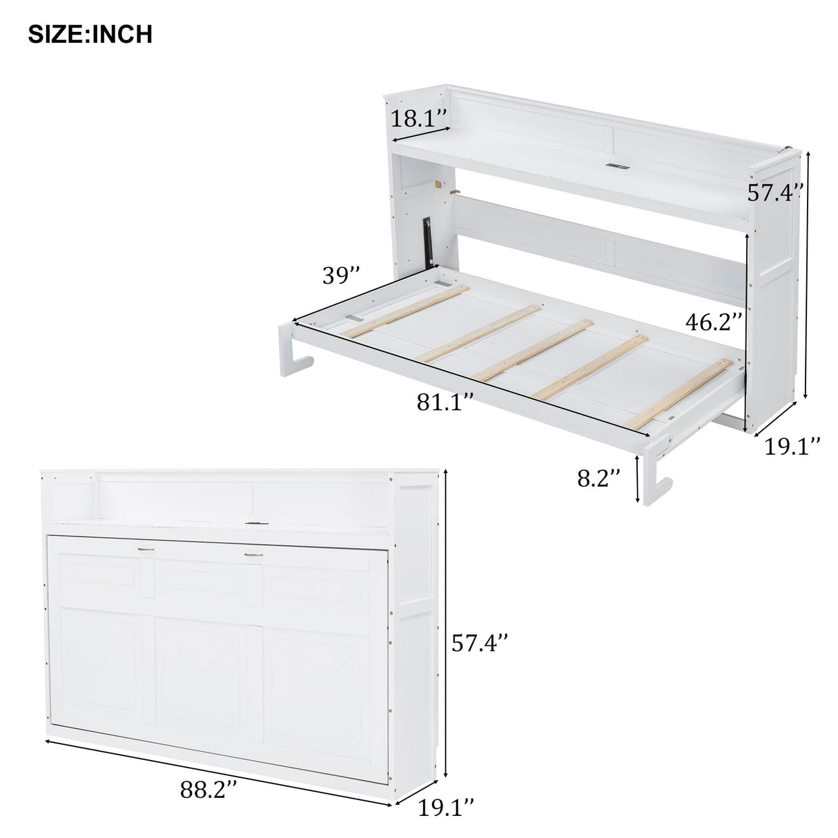 SOFTSEA Twin XL Size Horizontal Murphy Bed, Hideaway Wall Bed with Desk, Storage Shelves, LED Light & USB Ports, Space-Saving Foldable Cabinet Bed Frame for Guest Room, Bedroom, Office, White SOFTSEA