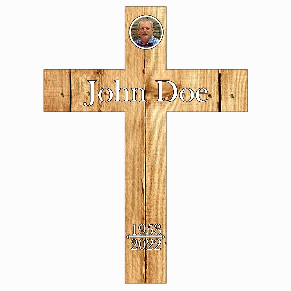 PK Décor Faux Wood Cross - Grave Picture For Cemetery Waterproof - Sympathy Engraved Gift - Cross Memorial Stake - Funeral Yard Sign Custom - Last Minute (Cross Antique Pine) PK Decor