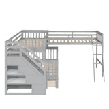 Bellemave L-Shape Triple Bunk Beds with Stairs and Storage Drawers Twin Over Full Bunk Bed Attached a Loft Bed with Drawers Wood Corner Bunked for 3 Kids Boys Girls Teens, Gray Bellemave