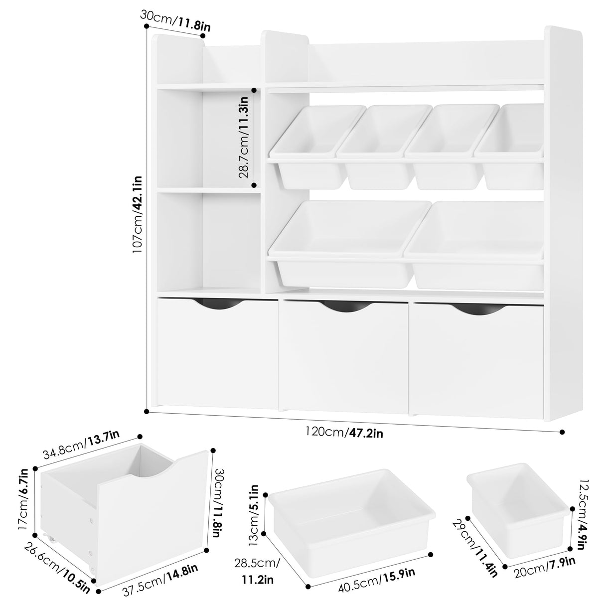 FACBOTALL Toy Storage Organizer with 3 Movable Drawers, Kids Bookshelf with 6 Plastic Bins & 2 Storage Cubbies, Toy Chest with Hidden Wheels, Toy Storage Box for Playroom, Classroom, Kids Room, White FACBOTALL