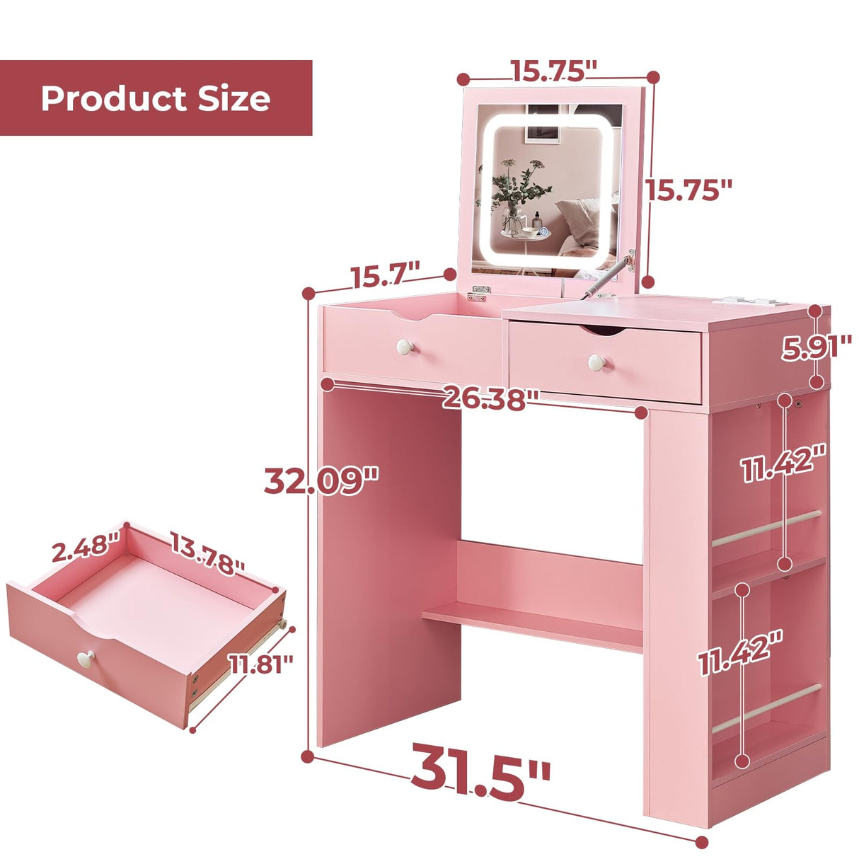 JanflyHome Small Vanity Desk with Flip Top Mirror, Modern Makeup Vanity Table with Power Outlet & Side Organizers, Dressing Table with Storage Compartment, Small Vanity Writing Desk for Bedroom, Pink JanflyHome
