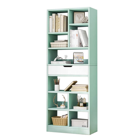 IOTXY Wooden Open Shelf Bookcase - 71 Inches Tall Freestanding Display Storage Cabinet Organizer with 10 Cubes and a Drawer, Floor Standing Bookshelf in Tiffany-Green IOTXY