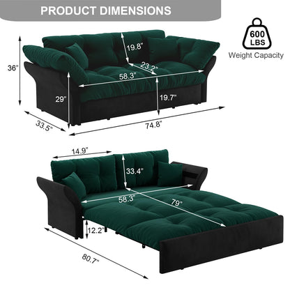 KIVENJAJA 74.8” Queen Pull Out Sofa Bed, 3 in 1 Convertible Sleeper Sofa Futon Pullout Couch, Velvet Tufted Cloud Loveseat with 2 Pillows for Living Room Bedroom Apartment, Emerald Green