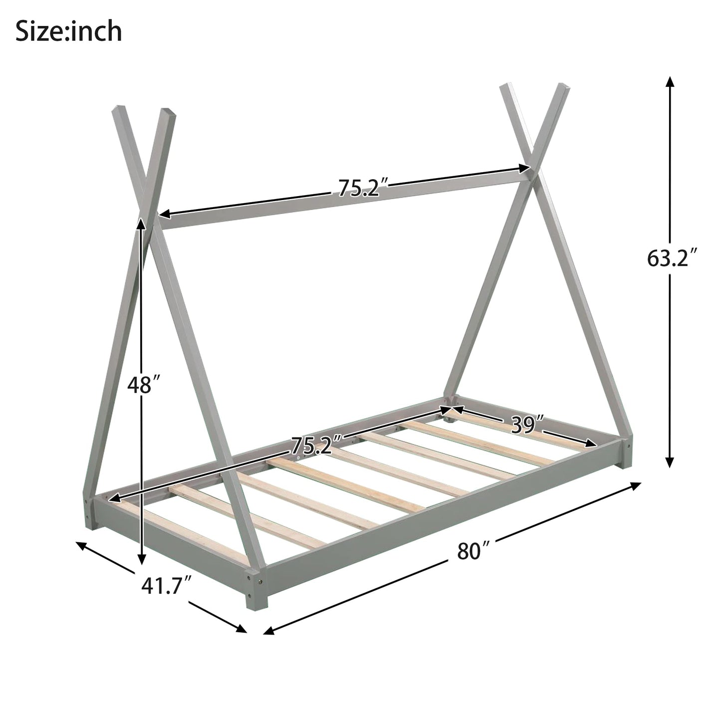 Bellemave Twin Montessori Floor Bed Frame with Sturdy Triangle Structure in Gray