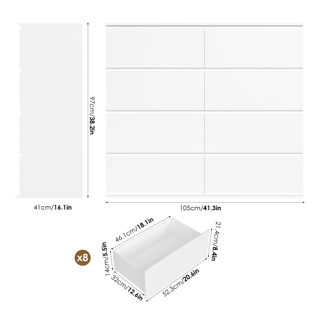 FINETONES 8 Drawer Dresser for Bedroom, White Dresser Double Chest of Drawers, Modern Wood Dressers with Deep Drawers for Living Room,White FINETONES