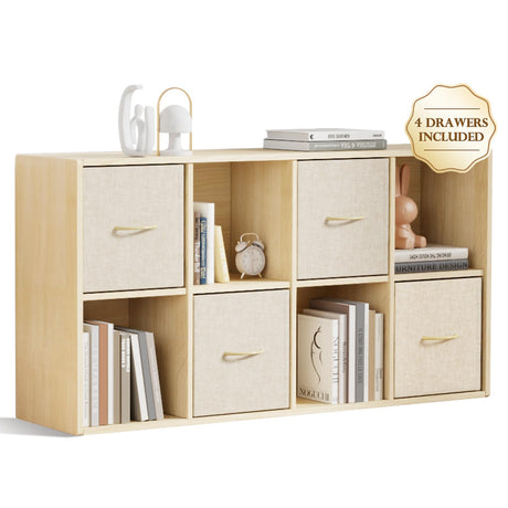 8 Cube Storage Organizer - Solid Wood Bookshelf with 4 Storage Bins, Cube Shelf with 2 Removable Back Panels, Vertical or Horizontal Bookcase, Open Book Shelf for Bedroom, Living Room, Office EXPERLAM