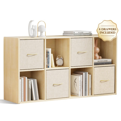 8 Cube Storage Organizer - Solid Wood Bookshelf with 4 Storage Bins, Cube Shelf with 2 Removable Back Panels, Vertical or Horizontal Bookcase, Open Book Shelf for Bedroom, Living Room, Office