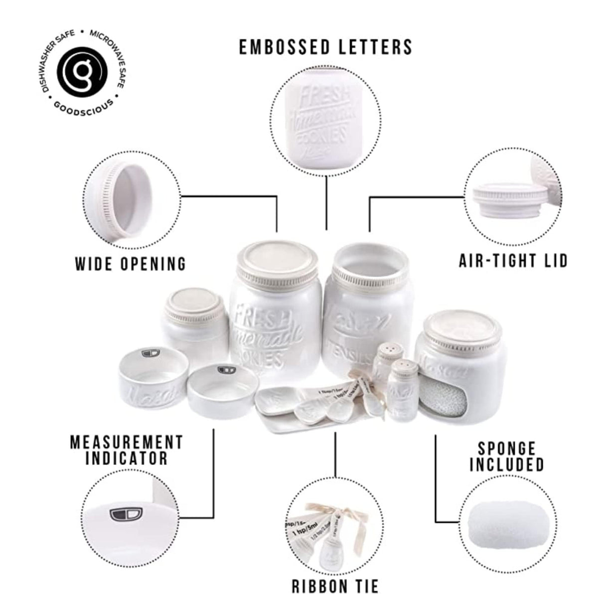 Farmhouse Canisters Sets for the Kitchen - Mason Jar Ceramic Kitchen Utensil Holder, Spoon Rest, Cute Cookie Jar, Salt & Pepper Shaker Sets, Sponge Holder, Measuring Cups & Spoons (White,17-Pc Bundle) Goodscious