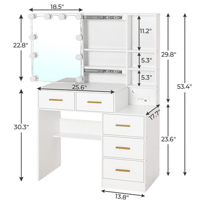 BTHFST Vanity Desk with Sliding Mirror and Lights, Makeup Vanity with Lights and Charging Station, Makeup Desk with 5 Drawers, Modern Vanity Table with Hidden and Open Storage Shelves, White