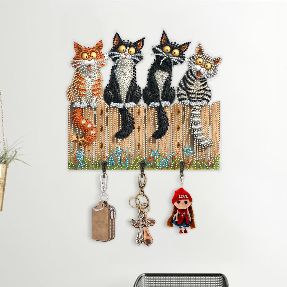Sulunmo Diamond Art Kits for Adults, DIY Diamond Painting Key Holder for Wall Hooks for Hanging Keys, Sunglasses, Bag(Crazy Kitten-6) Sulunmo