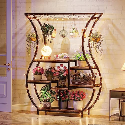 Tribesigns 6-Tier Plant Stand, 70.9 Inch Tall Plant Shelf with 10 Hanging Hooks, Vase Shape Ladder Plant Stand, Multi-Purpose Plant Display Rack for Indoor, Balcony, Living Room, Brown and Black Tribesigns