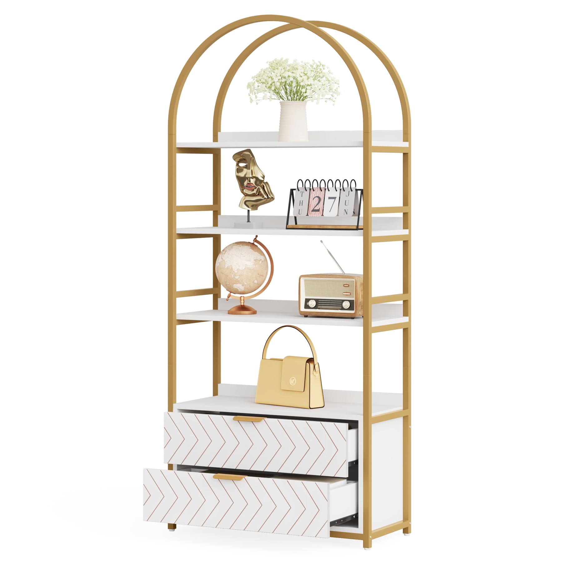 Tribesigns 4-Tier Tall Bookcase with Drawers – Stylish White & Gold Free-Standing Storage Shelf - WoodArtSupply