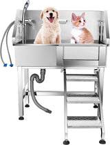 34 inch Dog Grooming Tub Station, Professional Dog Washing Station Stainless Steel Wash Shower Sink for Small Dogs with Walk-in Ramp,Sliding Door, Faucet Removable Pet Wash Station Bathtub(Right Door) Outafurnia