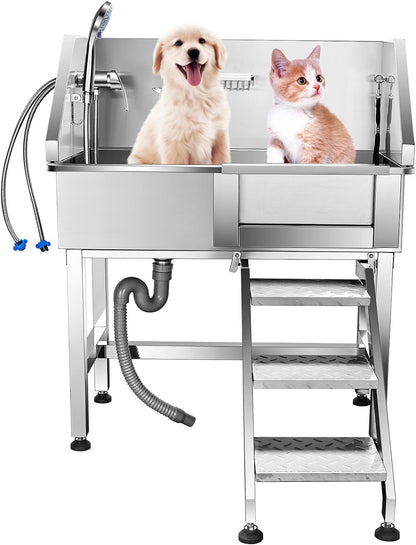 34 inch Dog Grooming Tub Station, Professional Dog Washing Station Stainless Steel Wash Shower Sink for Small Dogs with Walk-in Ramp,Sliding Door, Faucet Removable Pet Wash Station Bathtub(Right Door)