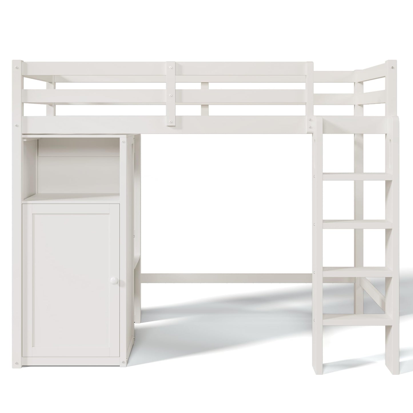 Merax Twin Loft Bed with Storage Cabinet, Shelves, and Open Wardrobe in White - WoodArtSupply