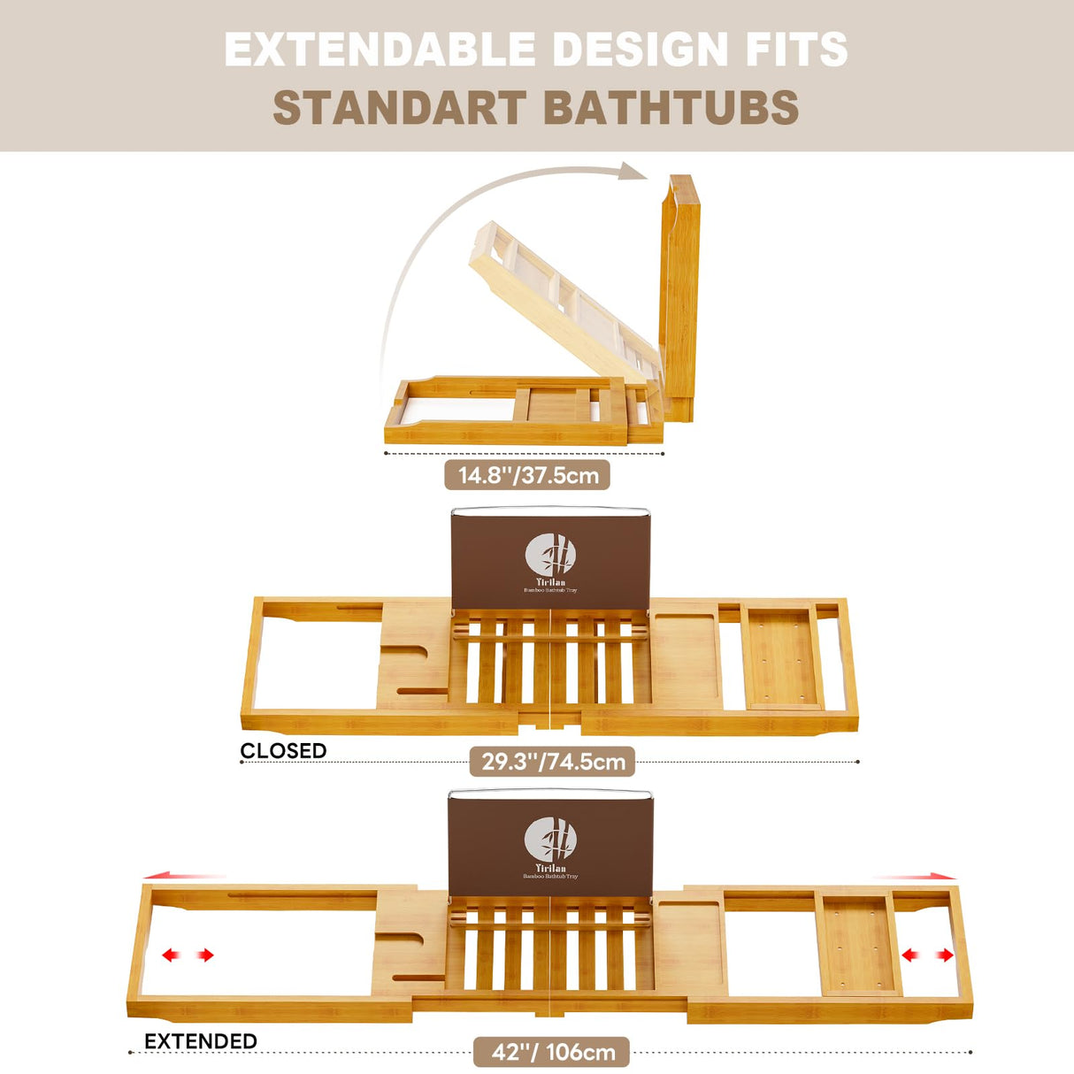 Yirilan Bamboo Bathtub Tray Caddy, Expandable Wooden Bathroom Tray, Luxury Bamboo Bathtub Tray, Bath Tub Table Caddy, Bamboo Yirilan