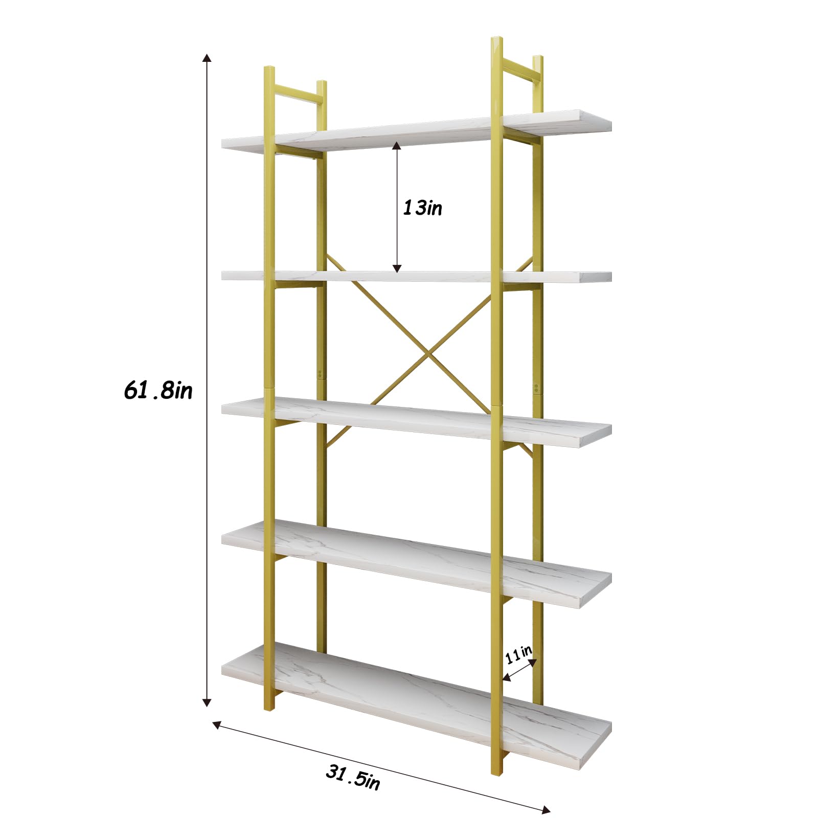 Azheruol Modern 5-Tier White Faux Marble Bookshelf with Metal Frame for Stylish Home Organization - WoodArtSupply