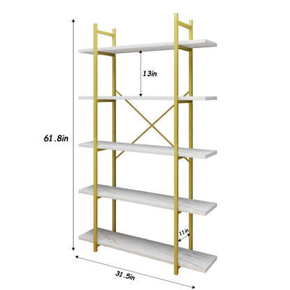 Azheruol Modern 5-Tier White Faux Marble Bookshelf with Metal Frame for Stylish Home Organization - WoodArtSupply