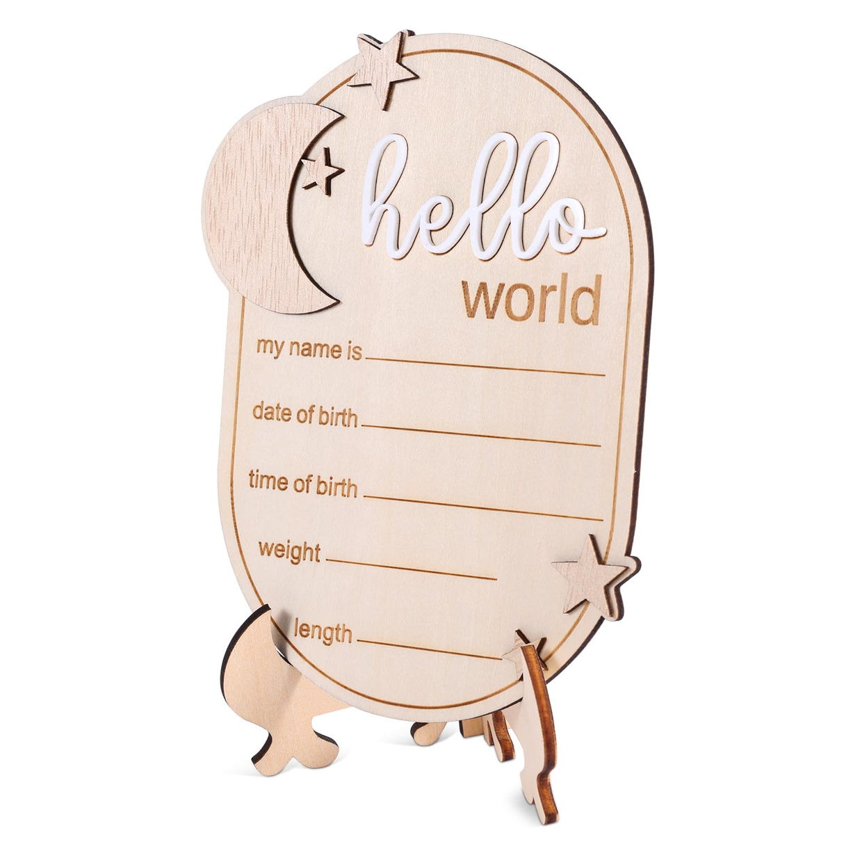 Baby Announcement Sign, 5.91x4.33 Inch Wooden Newborn Announcement Sign with Stand Wood Hello World Newborn Baby Name Sign Birth Announcement Sign for Home Hospital Nursery Gosknor