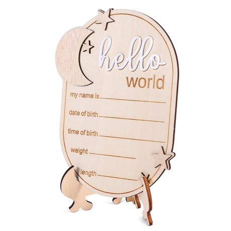 Baby Announcement Sign, 5.91x4.33 Inch Wooden Newborn Announcement Sign with Stand Wood Hello World Newborn Baby Name Sign Birth Announcement Sign for Home Hospital Nursery Gosknor