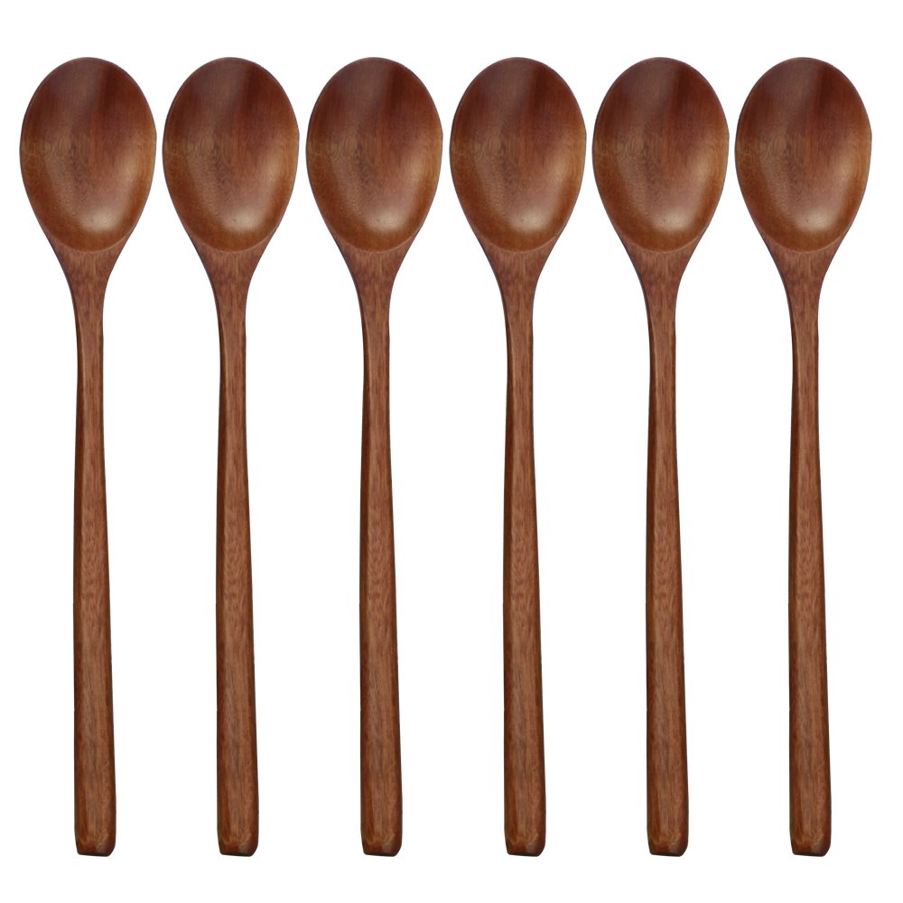 Wooden Spoons, 6 Pieces 9 Inch Wood Soup Spoons for Eating Mixing Stirring, Long Handle Spoon with Japanese Style Kitchen Utensil, ADLORYEA Eco Friendly Table Spoon ADLORYEA