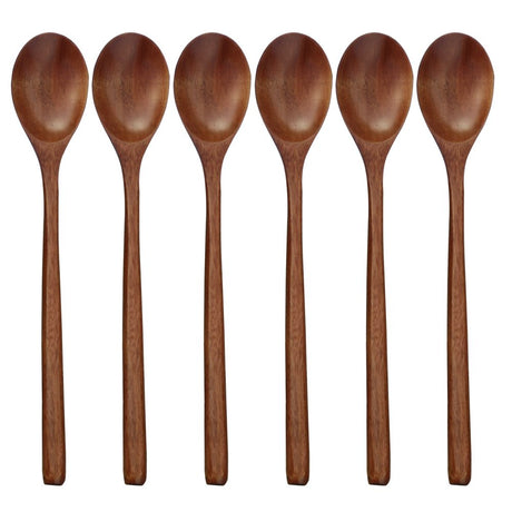 Wooden Spoons, 6 Pieces 9 Inch Wood Soup Spoons for Eating Mixing Stirring, Long Handle Spoon with Japanese Style Kitchen Utensil, ADLORYEA Eco Friendly Table Spoon ADLORYEA