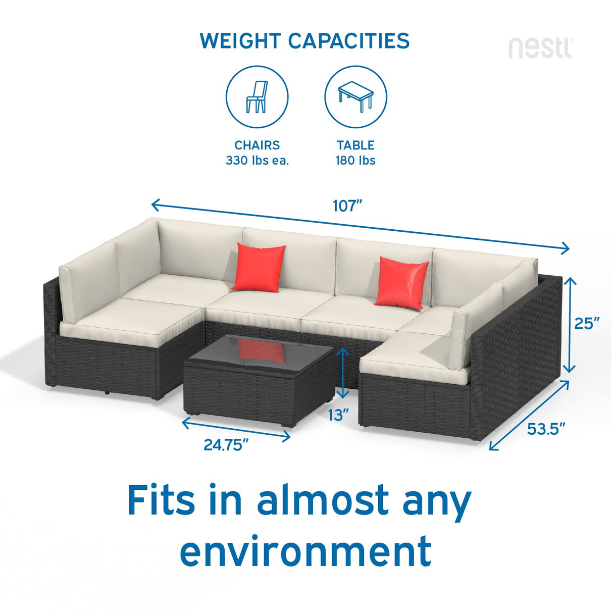 Nestl Patio Furniture Set – Outside Furniture Patio Set, 7 Piece Outdoor Patio Furniture Sets, Patio Conversation Sets with Patio Sectional, Black Wicker Patio Furniture Sets with Off White Cushions Nestl