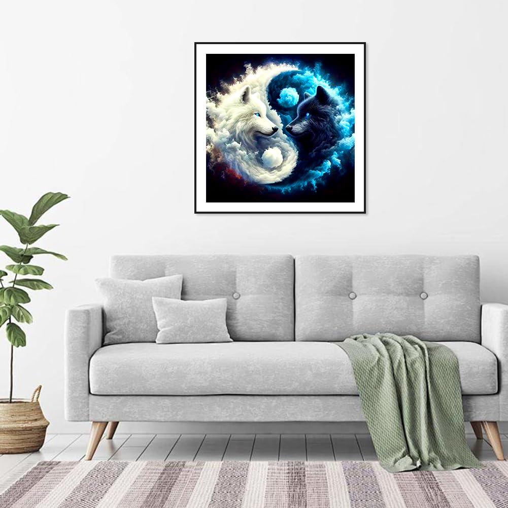 FHBUBPUP Wolf Diamond Painting Kits for Adults, Tai Chi Wolf Diamond Art Kits for Beginners, 5D DIY Full Drill Round Diamond Dot Gem Art, Craft Gift Suitable for Home Wall Decoration 12×12Inch FHBUBPUP