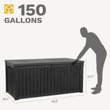 DWVO 150 Gallon XL Deck Box with Divider & Lockable Lid, Waterproof Resin Outdoor Storage for Patio, Garden, Poolside, Cushions, Supplies & Sports Gear, Black DWVO