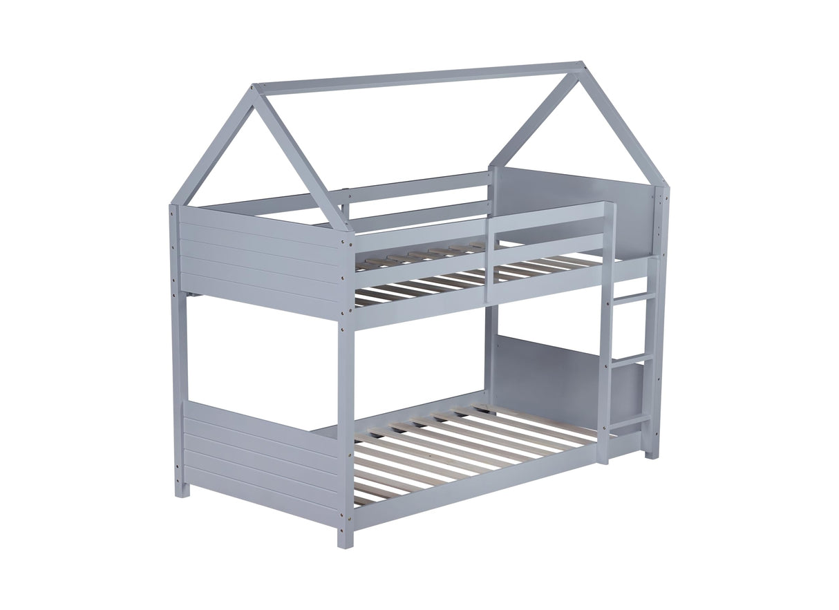 Ball & Cast Twin Over Twin House Bunk Bed for Kids,Rubber Wood Bunk Bed with Headboards, Footboards and Guardrails, Ladder,Twin Size House Shaped Bunk-Bed, No Box Spring Needed,Gray Ball & Cast