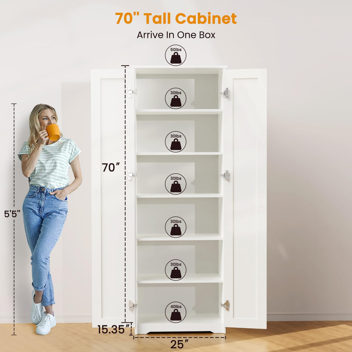 Teekyooly 70" Tall Storage Pantry Cabinet, Bathroom Floor Organizer Storage Cabinet with 2 Doors and 6 Adjustable Shelves, Standing Utility Cabinet for Dining Room, Food Storage and Kitchen, White Teekyooly