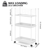 KINGRACK 3-Tier Rolling Utility Cart with Wheels, Metal Slim Storage Cart, Multifunctional Storage Organizer, Rolling Storage Cart for Kitchen, Office, Bathroom, Narrow Place, White KINGRACK