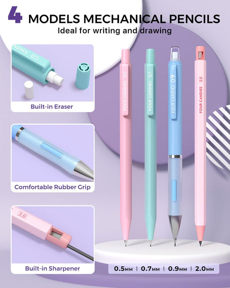 Four Candies 36PCS Aesthetic School Supplies, Mechanical Pencil Set 0.5mm, 0.7mm, 0.9mm & 2.0mm with 624 Lead Refills, Back to School Supplies for Writing & Drawing, Ideal Stationary Set Gift (Green) Four Candies