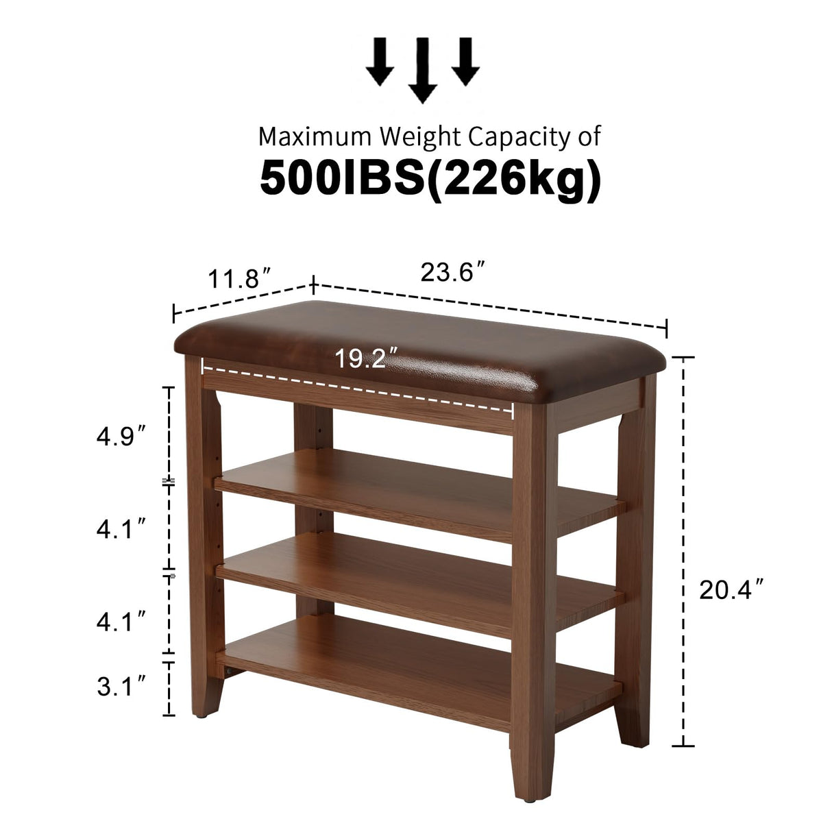 AQIMUELE Shoe Bench with Leather Cushion, 3 Tiers Shoe Storage Bench Height Adjustable, Walnut Wood Entryway Bench for Hallway, Mudroom AQIMUELE