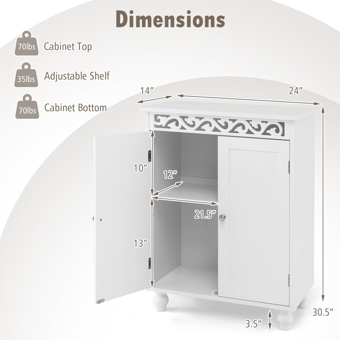 Tangkula White Bathroom Cabinet, Floor Storage Cabinet with Anti-Tipping Kits, Adjustable Shelf & Solid Wood Legs, Freestanding Home Storage Furniture for Bathroom Living Room (Classic, White)