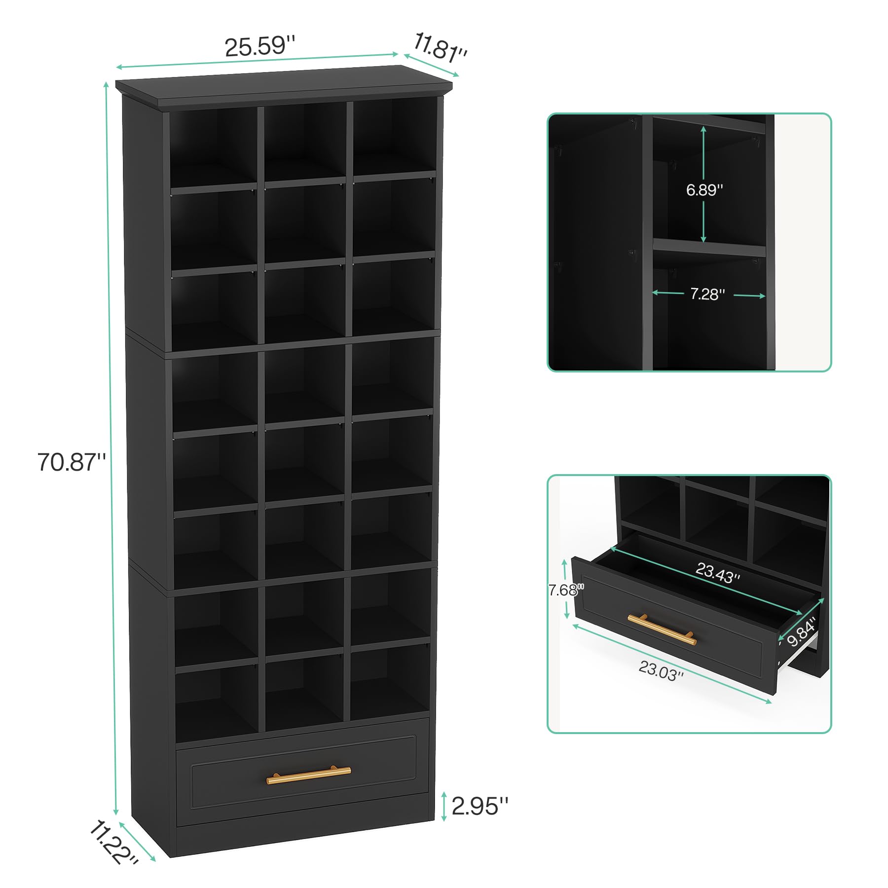 Tribesigns Set of 2 Black Shoe Cabinet, 71" Tall Wooden Shoe Cabinet with Bottom Drawer, 71" Freestanding Shoes Storage Orgainzer with 24 Cubbies for Closet, Entryway (2, Black) - WoodArtSupply