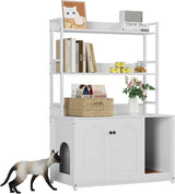 Large Cat Litter Box Enclosure Furniture, Hidden Litter Box Cabinet with 2 Storage Shelves, Indoor Cat House Washroom with Scratch Pad, Farmhouse Style Wooden Pet House Side End Table Doppeltcharms