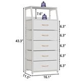 Furnulem White Dresser with 5 Drawers, Vertical Storage Tower Fabric Dresser for Bedroom, Hallway, Entryway, Nursery, Closet Organizer, Nightstand Bedside Table Furniture, Sturdy Steel Frame, Wood Top Furnulem