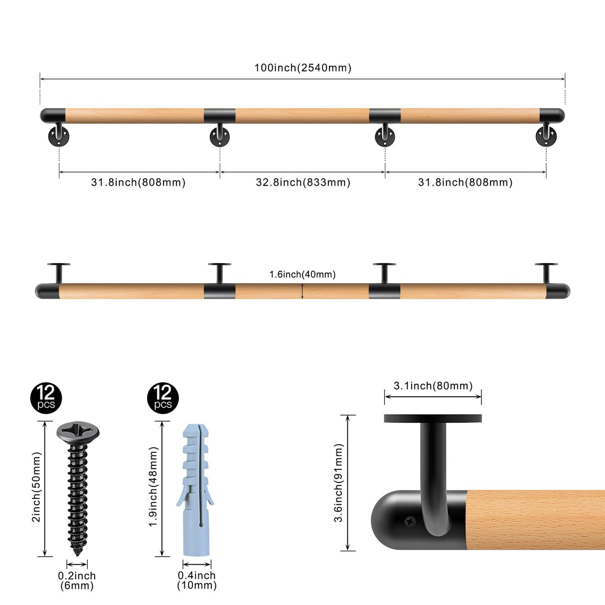 Dolibest 100 inch Wood Handrail Indoor Stairs Handrail Wall Mount Handrail w/Sturdy Metal Barckets, Non-Slip and Comfty Handrail Barrier-Free Staircase Grab Bar for Elderly, 1-1/2'' Round Dolibest